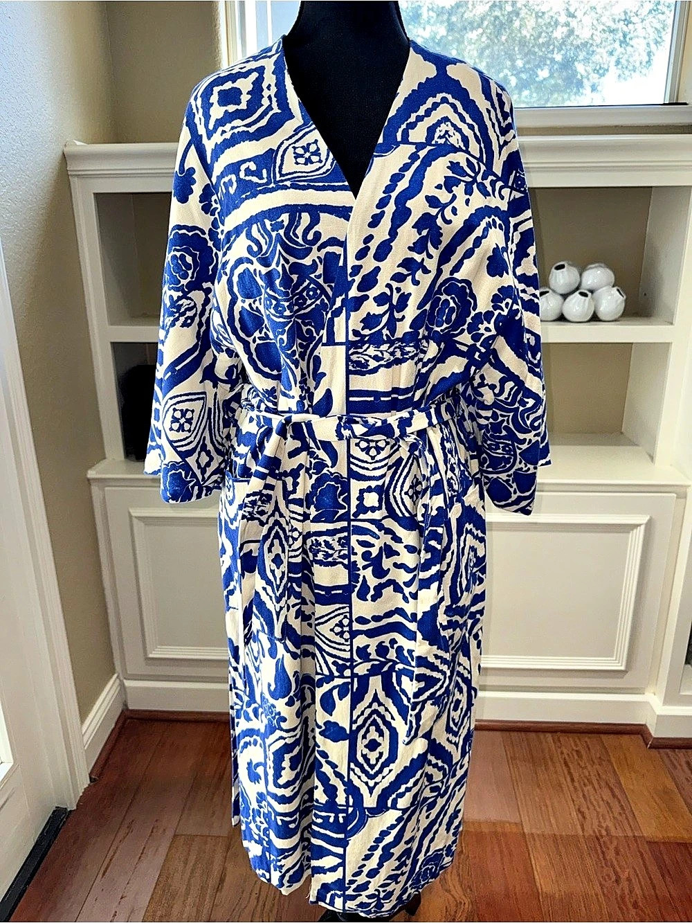 Zara Abstract Linen Trench Coat Lined Size SM Kimono Wrap Lined Blue Aztek